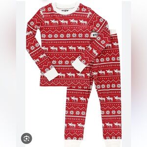 Lazy One Kids Red Nordic Moose Fair Isle Red Christmas Long John Pajamas